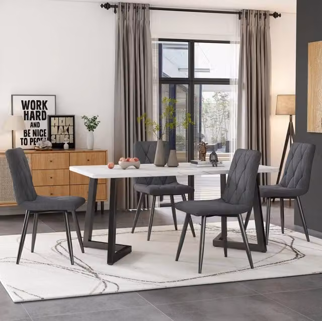 Set da pranzo moderno con tavolo rettangolare 117×68 cm e 4 sedie in tessuto twill lino grigio scuro, gambe in metallo nero