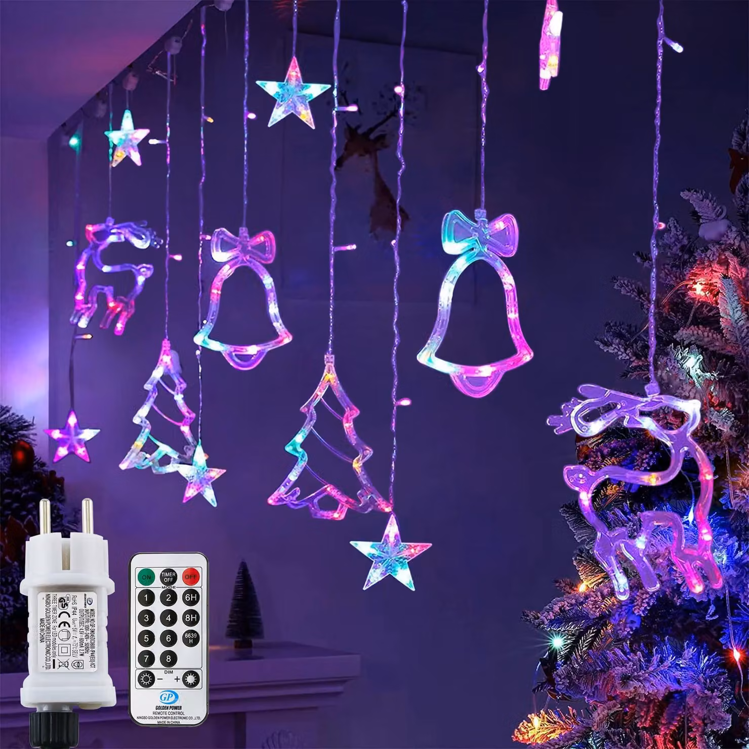 Tenda luminosa con 138 LED, lunghezza 5,5 metri, grado di protezione IP65 (resistente all'acqua), multicolore