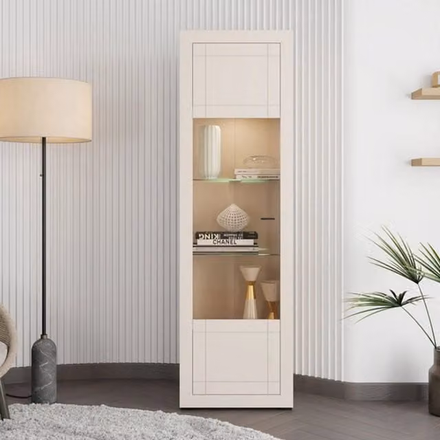 Mobile Espositore Vetrina Palena DMORA con Ante in Vetro e Ripiani Interni, Beige e Nero, L: 58 cm, P: 35 cm, H: 194 cm – 1