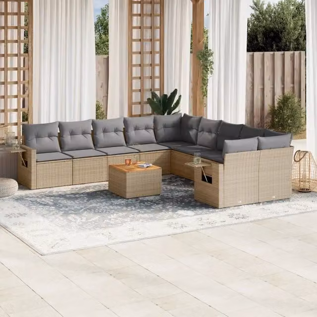 vidaXL Set Divano da Giardino 11 pz in Polyrattan con Cuscini Beige e Grigio