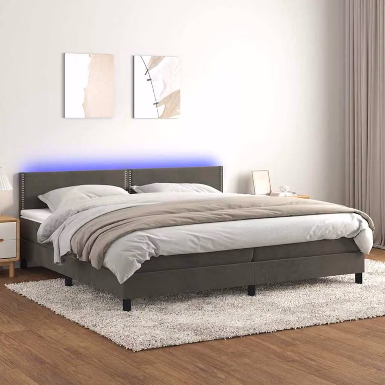 Letto Ibrido vidaXL con Materasso, Illuminazione LED Sotto il Letto e Porte USB, Rivestimento in Velluto Grigio e Bianco, L/P: 200 x 200 cm