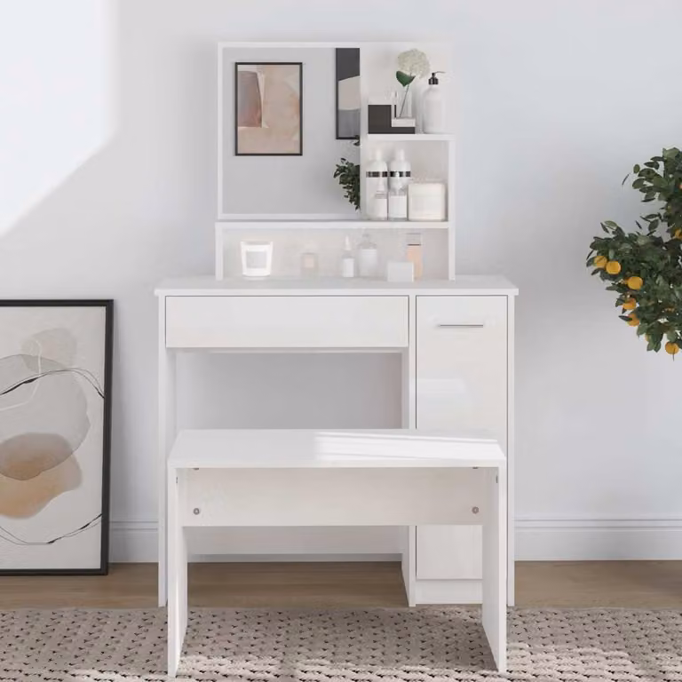 vidaXL Toeletta con Specchio Bianco Lucido L: 86,5 cm, P: 35 cm, H: 136 cm