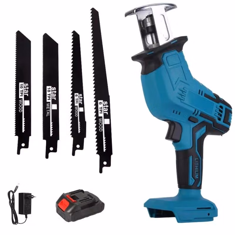 Sega a batteria - Sega elettrica - 1 batteria inclusa - Velocità variabile da 0 a 3000 giri/min - Corsa di 10 mm - Profondità di taglio: 100 mm per legno/plastica, 2 mm per metallo - Colore: blu