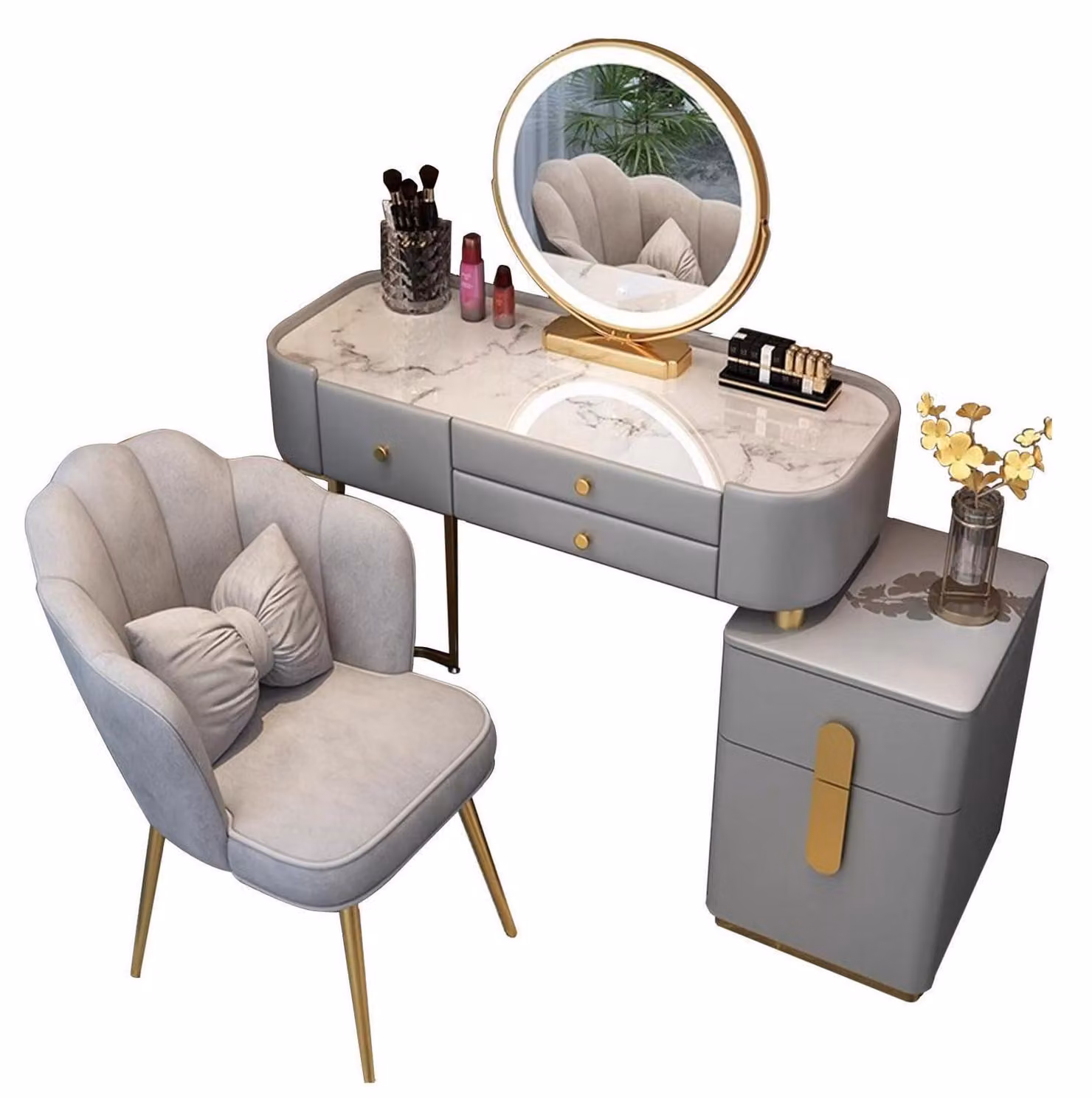 Comò da trucco con specchio a LED e sedia, tavolino da trucco con 5 cassetti, piano in pietra sinterizzata, colore grigio, 80 cm