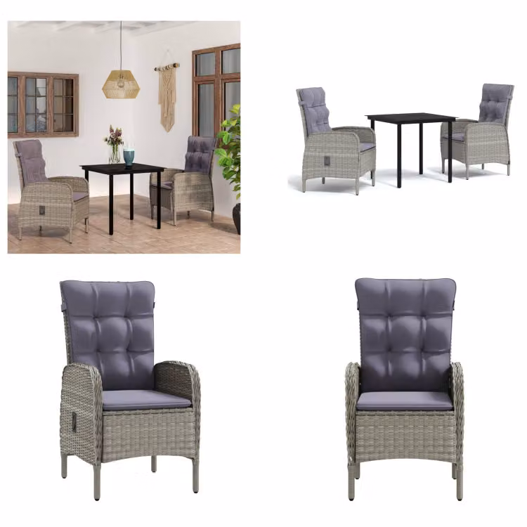 vidaXL Set da pranzo da giardino 3 pezzi con cuscini grigio e nero - Set da pranzo da giardino - Set da pranzo da giardino - Set di mobili da giardino - Set di mobili da giardino