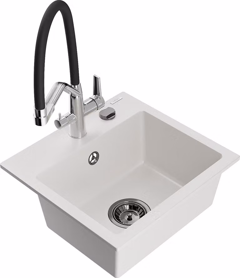 Mexen Milo lavello in granito a 1 vasca con rubinetto da cucina Duo, bianco - 6505-20-671701-07-B