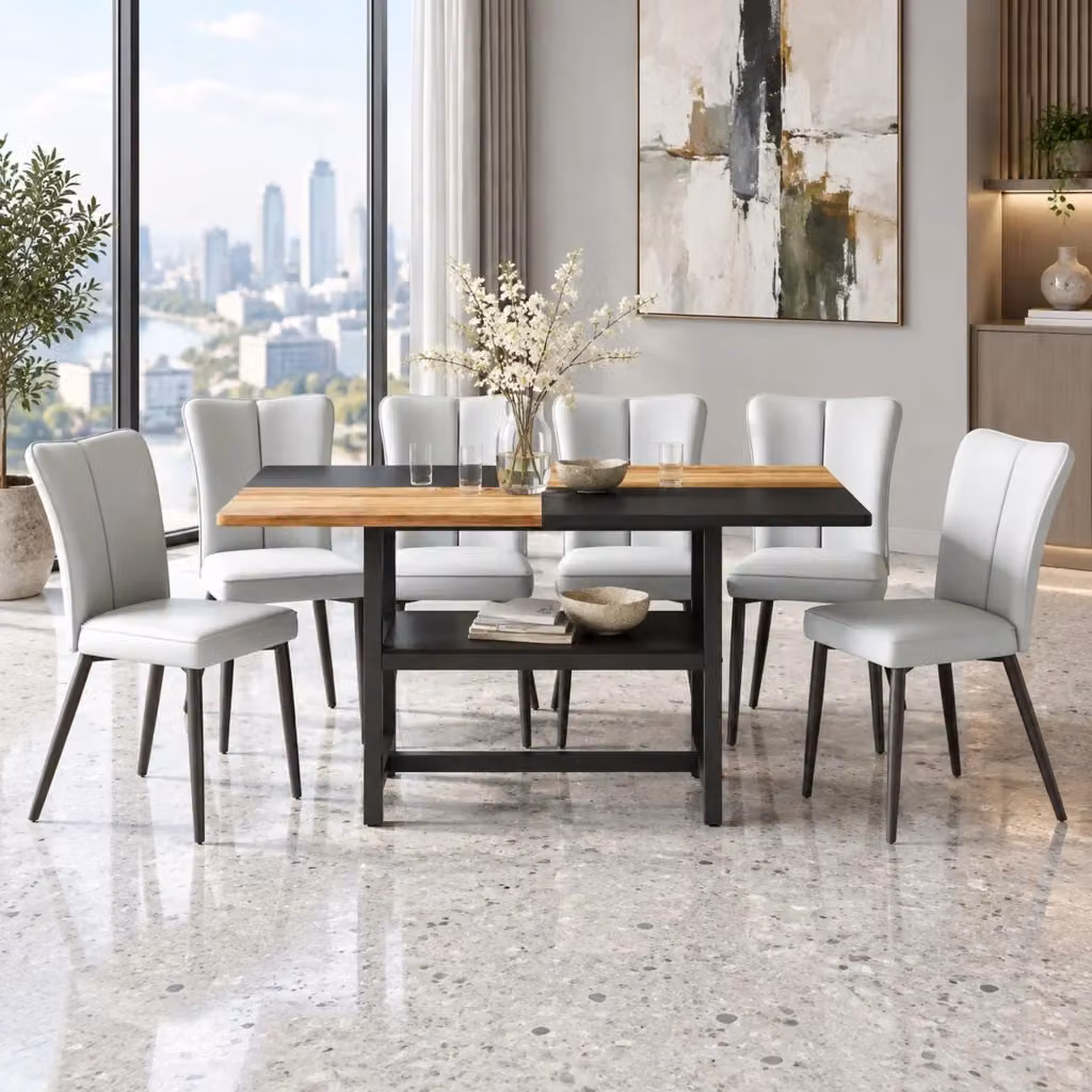 Set tavolo da pranzo rettangolare MIVRAY con 4 sedie in PU grigio chiaro e gambe in metallo nero con piano in MDF e ripiano portaoggetti – 2