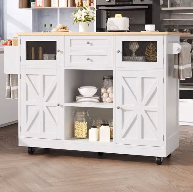 Isola cucina mobile con ripiani regolabili, piano di lavoro effetto legno, portasciugamani laterale e ruote 360° in bianco, 140x40x93,5 cm