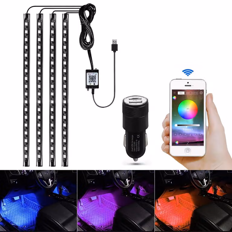 Illuminazione interna per auto a LED RGB, controllabile tramite app, con 4 strisce LED da 18 LED ciascuna per l'illuminazione del vano piedi, porta USB, telecomando e controllo della musica