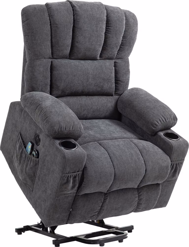Poltrona elettrica con funzione di sollevamento, massaggio e riscaldamento, porte USB e portabicchieri, grigio scuro