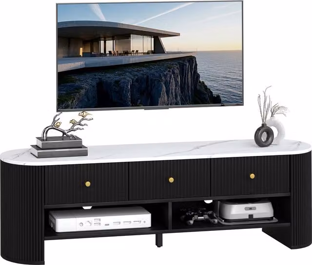 Mobile TV HOMCOM da 140 cm per televisore fino a 65 pollici, design moderno con effetto marmo, 3 cassetti e 2 mensole, colore nero – 1