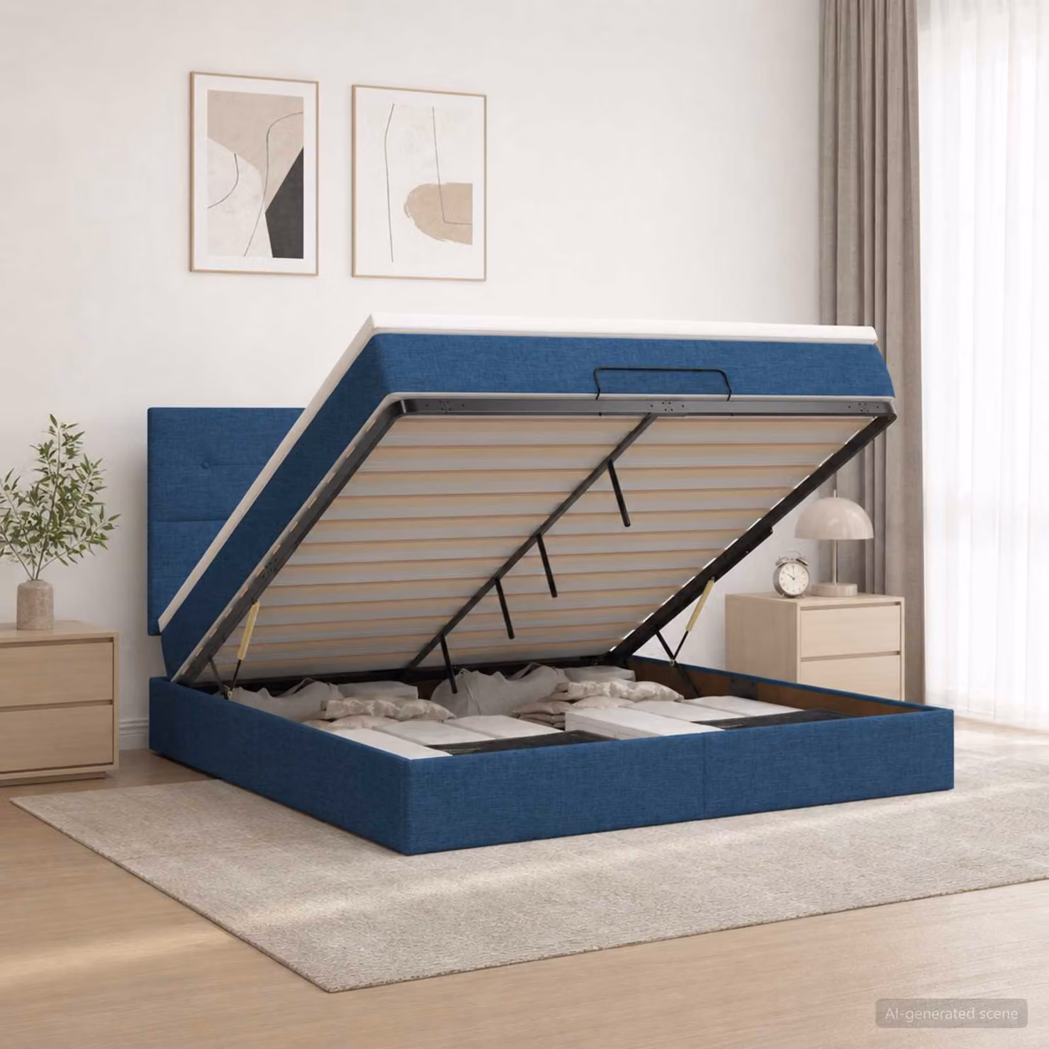 Letto ottomano con materasso vidaXL in tessuto blu e bianco, con contenitore a sollevamento, L: 140 cm, P: 190 cm, H: 88 cm