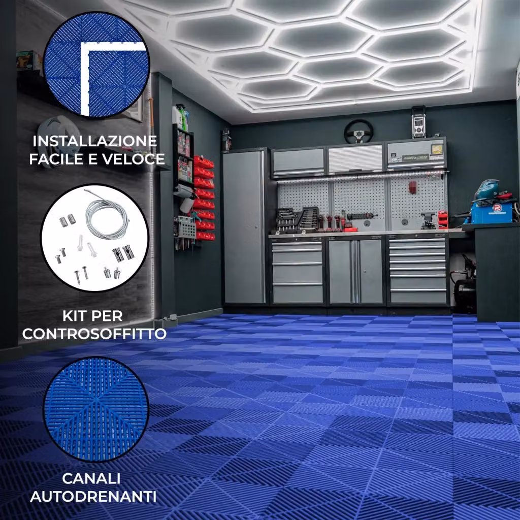 Set di 120 piastrelle modulari blu e bianche con 14 luci LED esagonali 6500K e bordi Monster Shop – 2