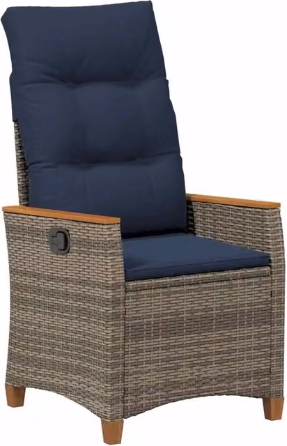 Sedia da giardino moderna in rattan e legno di acacia con braccioli, colori grigio e blu