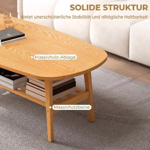 Tavolino da salotto ovale in legno naturale con ripiano, 120 x 60 x 42 cm