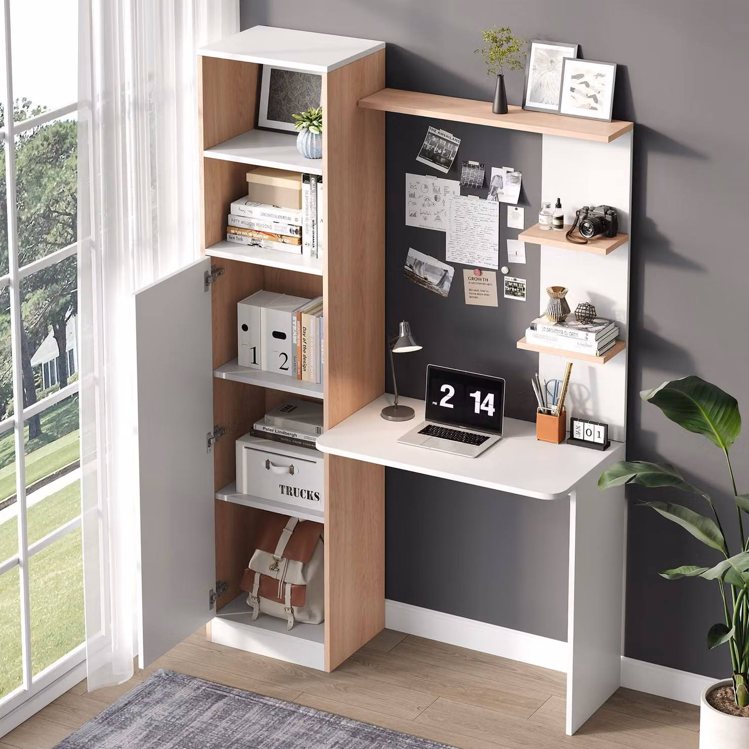 MODFU Scrivania Sistema divisorio a due zone con contrasto cromatico, Libreria Scaffale verticale con ante e ripiano superiore aperto, Bianco