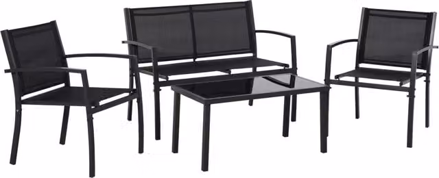 Set da giardino esterno moderno a 4 pezzi composto da divano a 2 posti, 2 poltrone, tavolino in vetro e cuscini in tessuto, struttura in acciaio verniciato nero