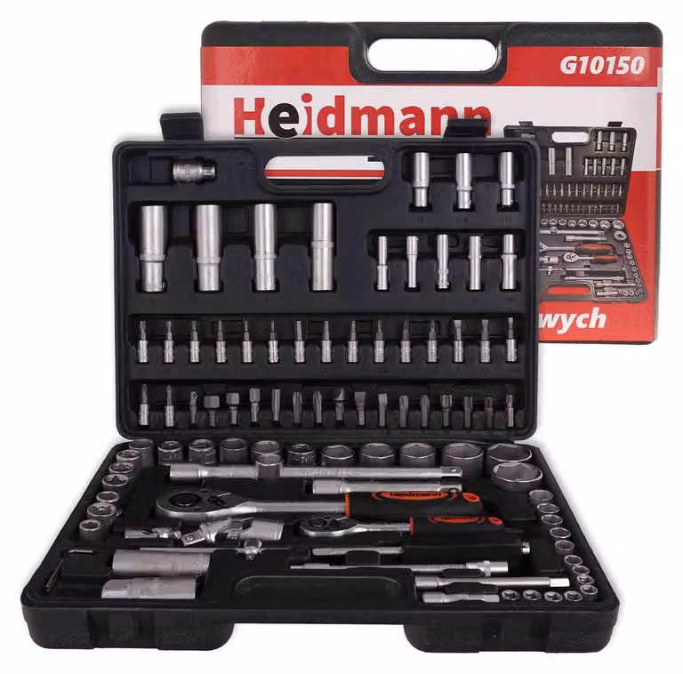 Valigetta utensili professionale con set-kit di chiavi a bussola, torx cricchetti, prolunghe, attrezzi per auto, officina fai-da-te con attacchi 1/4" 1/2'' 94 pezzi Heidmann