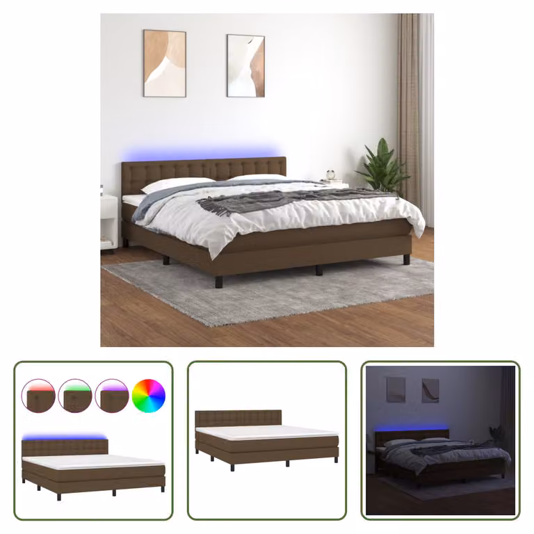 The Living Store Letto a molle con materasso e LED in tessuto marrone scuro 160x200 cm