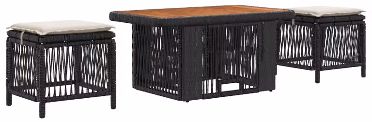 Set da Pranzo per Giardino 3 pcs Nero e Crema polyrattan