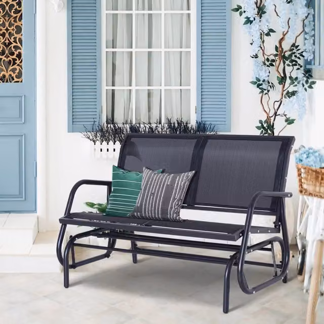 Seduta oscillante a 2 posti REDOM in metallo nero con cuscini e braccioli L/P/H: 120 x 70 x 85 cm