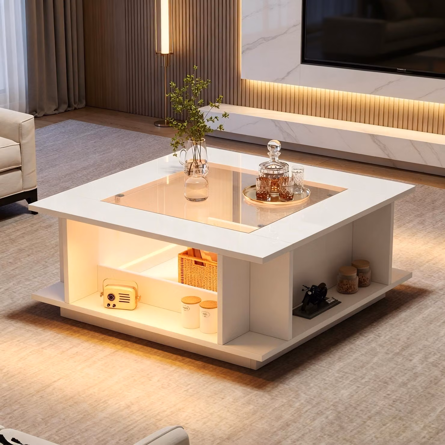 Tavolino da divano quadrato con piano in vetro e illuminazione LED, tavolino ausiliario con superficie lucida, tavolino per soggiorno, colore bianco, capacità fino a 30 kg