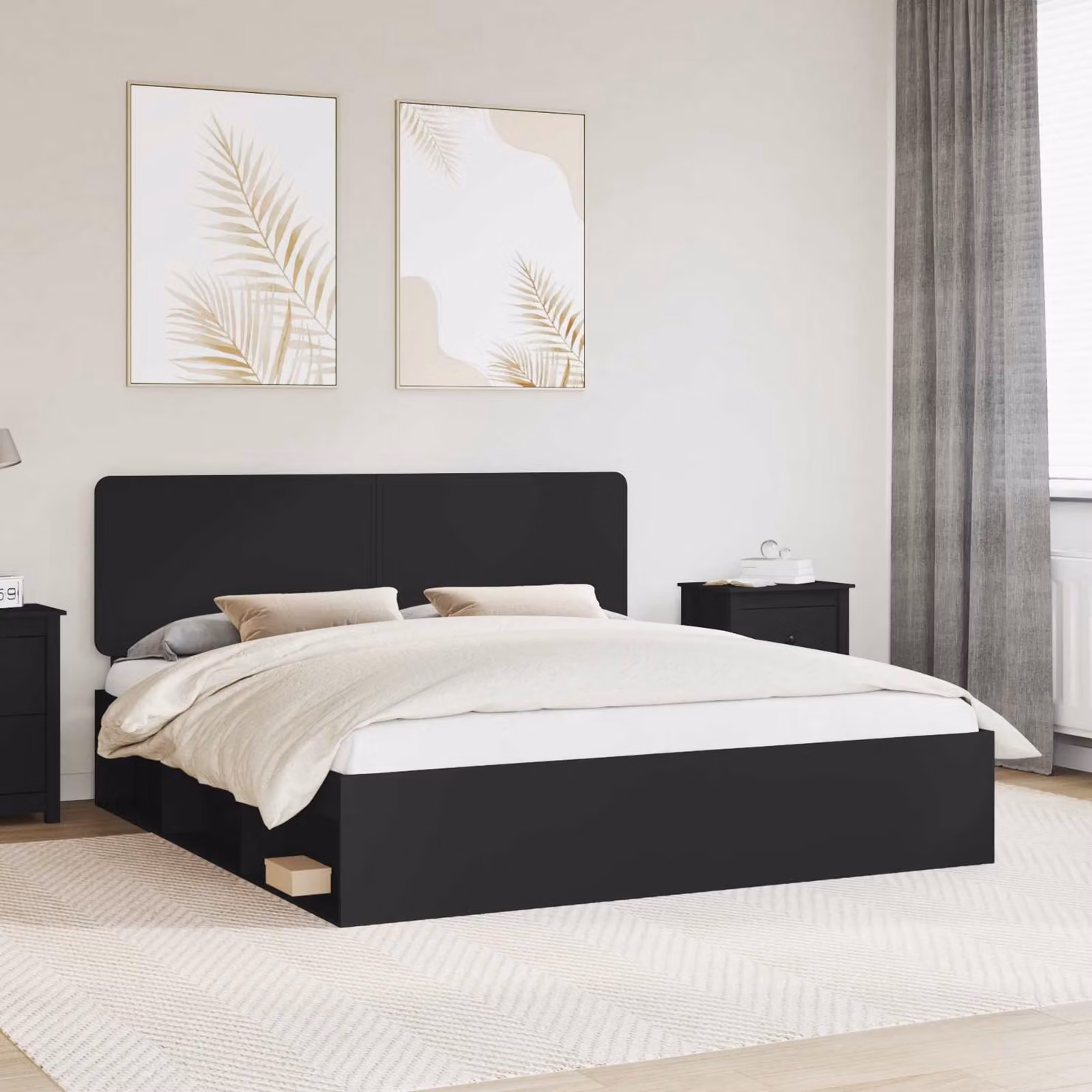Struttura del letto moderna vidaXL in pino massello e MDF, colore nero, L: 180 cm, P: 200 cm, H: 100 cm