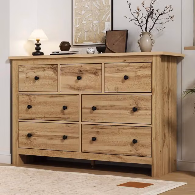 Credenza e madia moderna con 7 cassetti silenziosi per cucina e soggiorno, in truciolare color legno, 152 × 40 × 89 cm