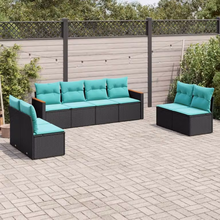 Set di divani da giardino vidaXL a forma di U composto da 8 pezzi con cuscini, struttura in metallo e rattan, colore nero