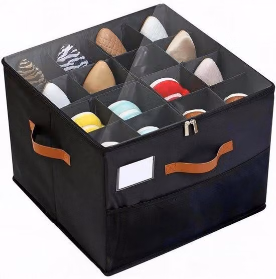 Scatola porta scarpe - Organizer per scarpe - Scomparti regolabili - 16 paia - Nero con rete