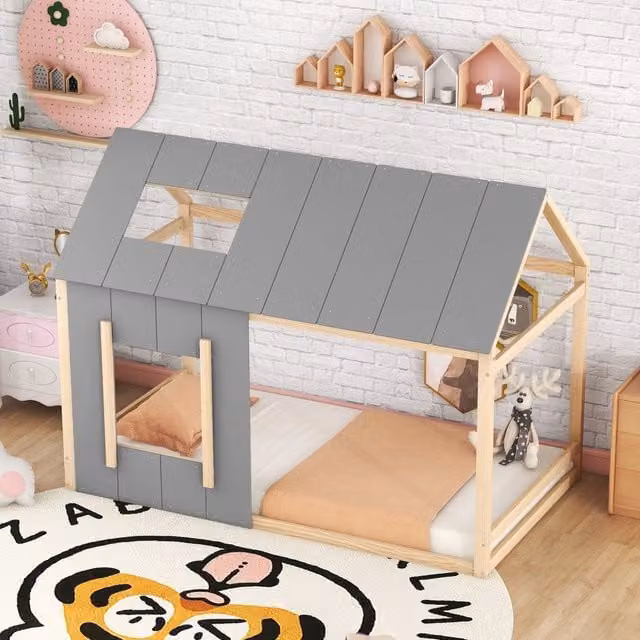 Letto singolo per bambini a casetta OKWISH in pino naturale e grigio, L/P/H: 90 x 200 cm