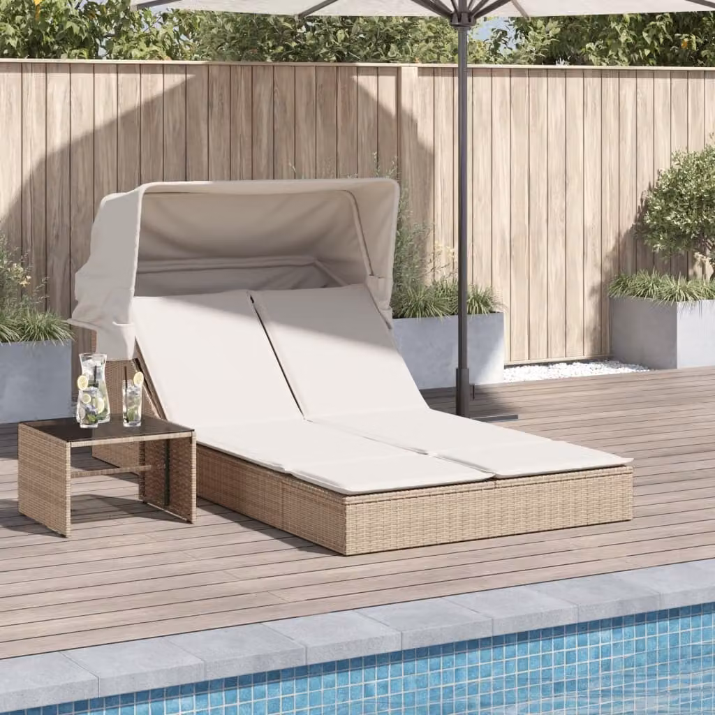 vidaXL Lettino Doppio con Baldacchino e Cuscini in Polyrattan Beige e Bianco