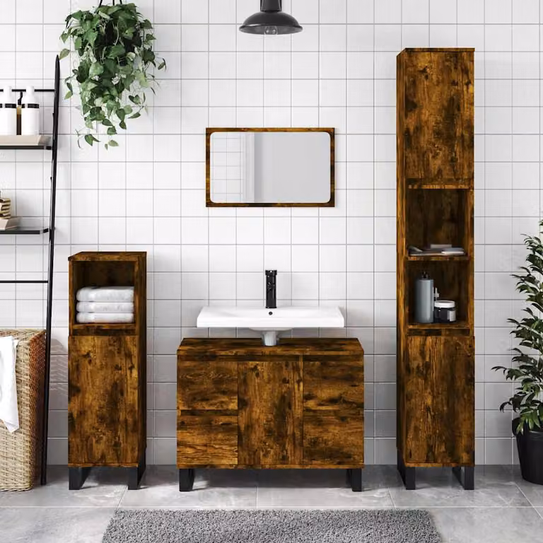 Armadietto da bagno vidaXL in legno Rovere Fumo con ante a battente e ripiani interni, L: 80 cm, P: 33 cm, H: 60 cm