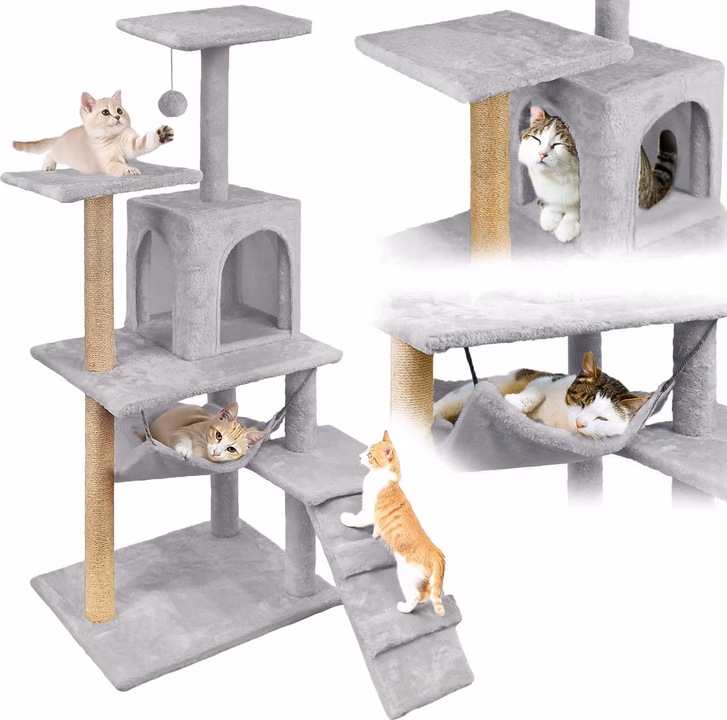 Tiragraffi per gatti, casetta con giocattoli, alto, 6 livelli, cuccia, linea Comfort, grigio chiaro