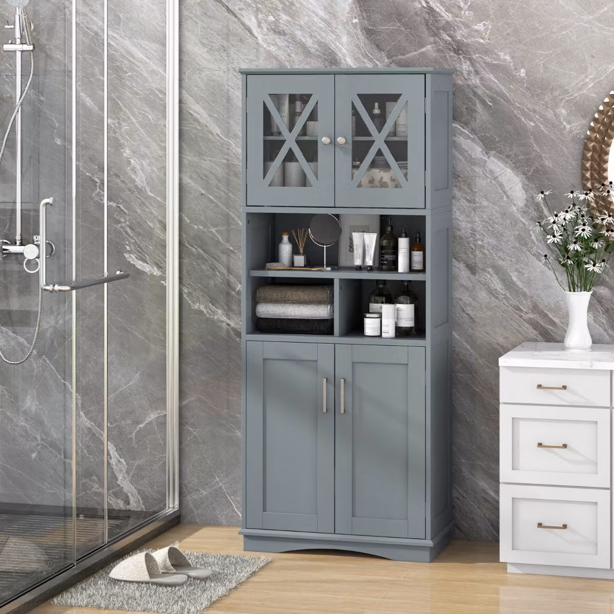 Armadio da bagno alto Costway con ante a battente e ripiani interni, mobile salvaspazio moderno in MDF Grigio