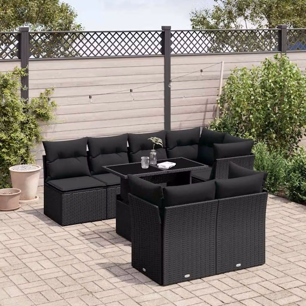 Set Divano da Giardino a L vidaXL Nero con Cuscini e Tavolino in Polyrattan e Acciaio – 1