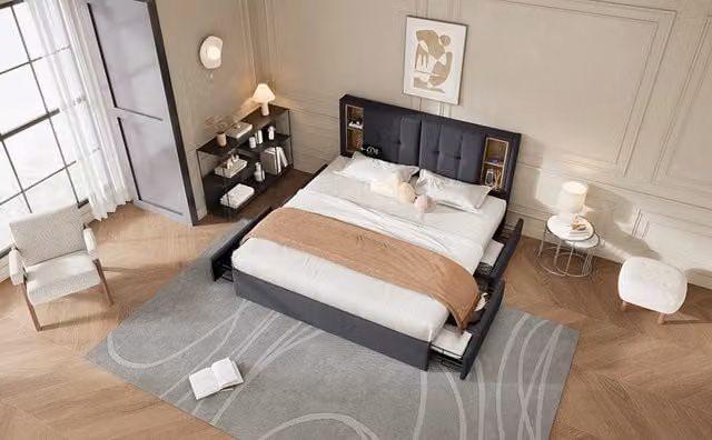 Letto matrimoniale imbottito in lino grigio 160×200 cm con ricarica wireless, porte USB, 4 cassetti scorrevoli e struttura in metallo, senza materasso