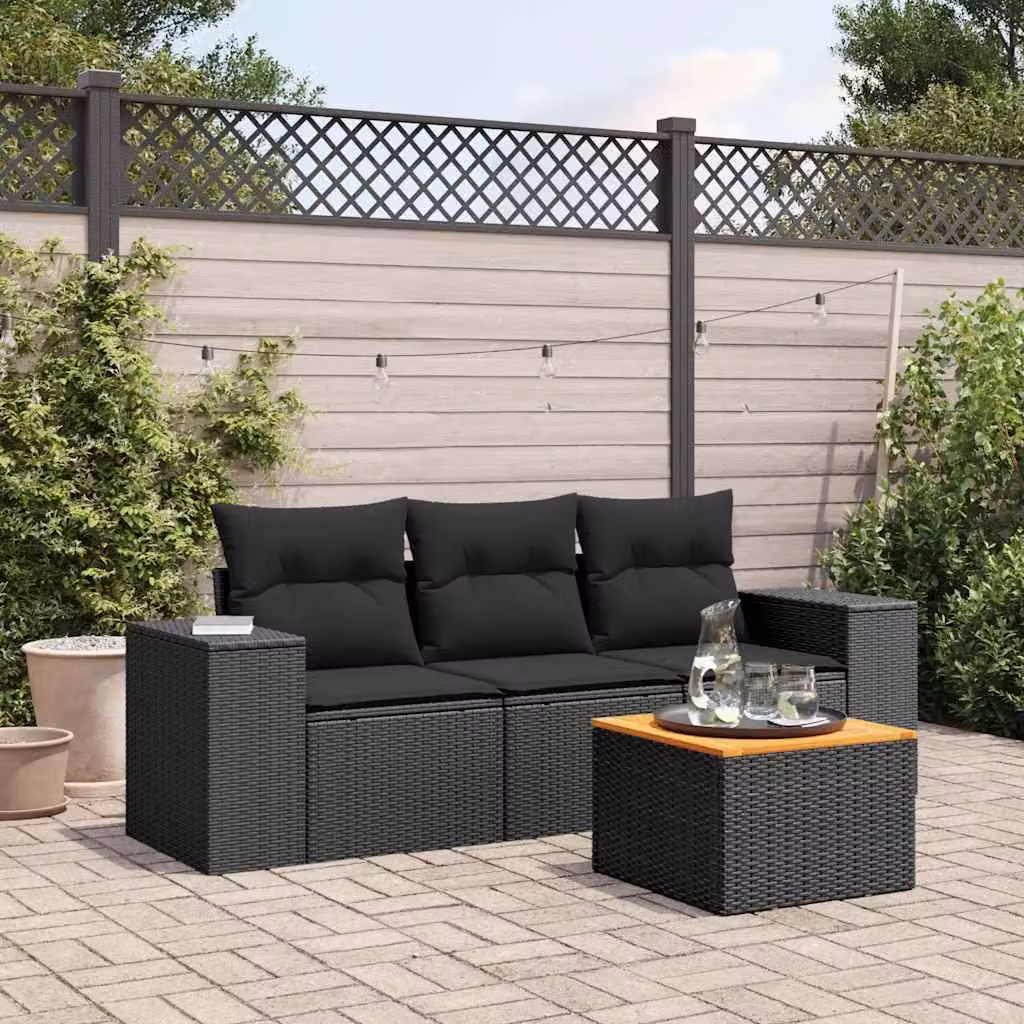 Set da Giardino vidaXL 4 Pezzi con Cuscini Nero in Polyrattan e Acciaio Verniciato a Polvere – 1