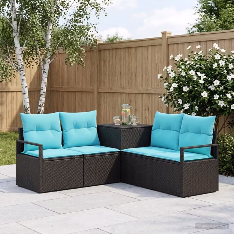 vidaXL Set di divani da giardino 5 pz a forma di L in polyrattan e metallo, colore nero e blu con cuscini inclusi