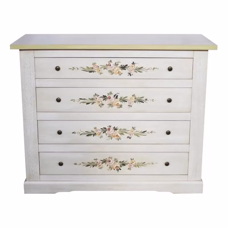 Cassettiera in legno shabby chic con 4 cassetti Mobili 2G bianco anticato e decori floreali verdi L: 115 cm, P: 50 cm, H: 90 cm