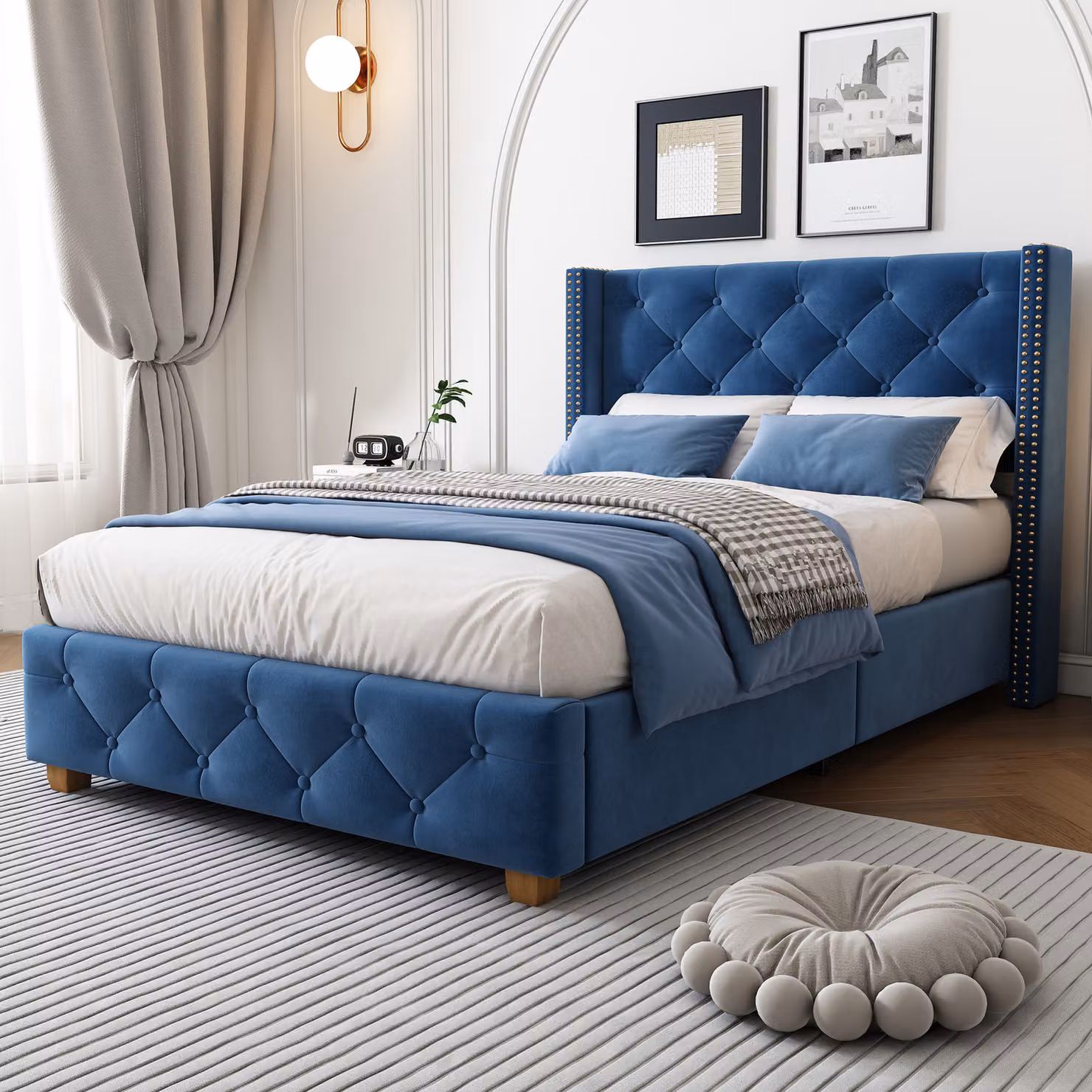 Letto imbottito Flieks 90x200cm letto per ragazzi con rete a doghe, letto singolo letti classici letto per bambini letto in legno massiccio, velluto, blu