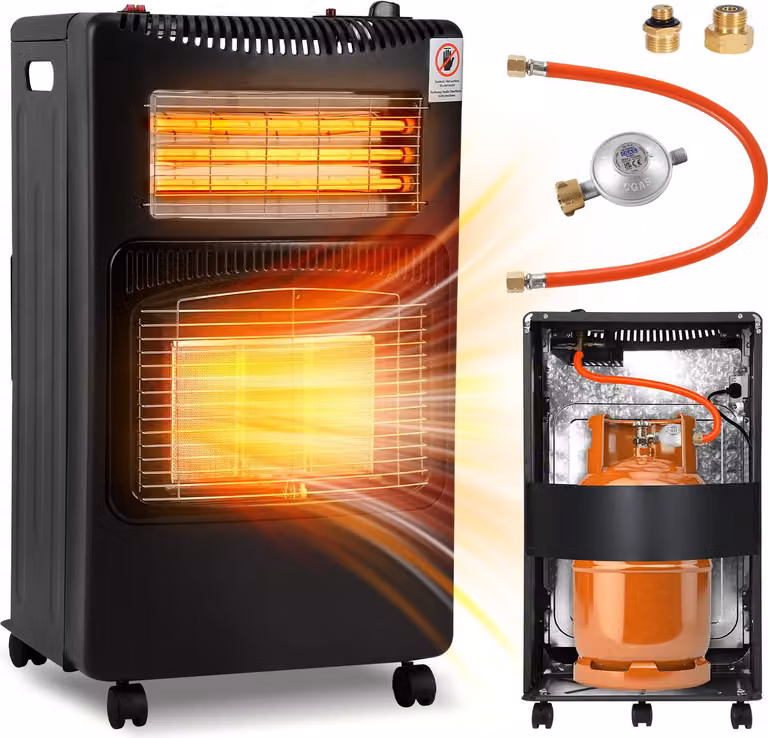 Ikodm, fornello a gas elettrico combinato, 4200/1200 Watt, accensione piezoelettrica, sistema di sicurezza anticaduta, rilevatore di fiamma (ODS), 4 ruote piroettanti, colore nero, include 2 adattatori EU