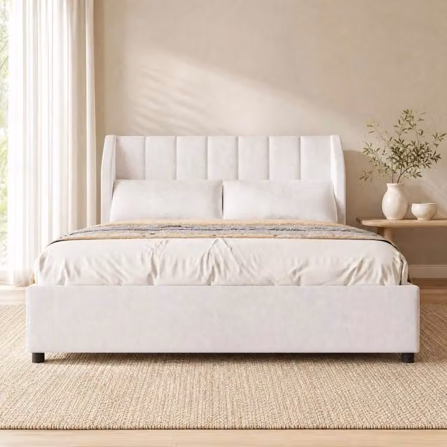 Letto imbottito beige 140×200 cm con rete a doghe e 2 cuscini