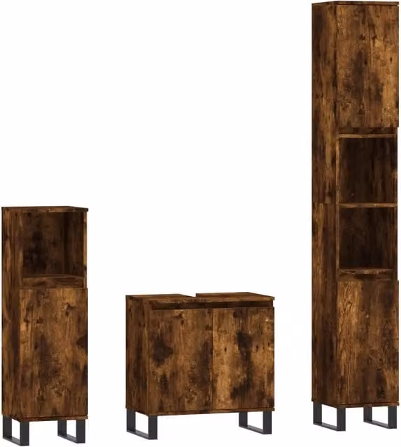 Set Mobili da Bagno Moderno in Legno e Metallo Marrone con Mobile Lavabo e Armadietto Laterale