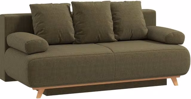 Divano letto con schienale reclinabile, spazio contenitore nascosto e rivestimento in velluto a coste verde scuro