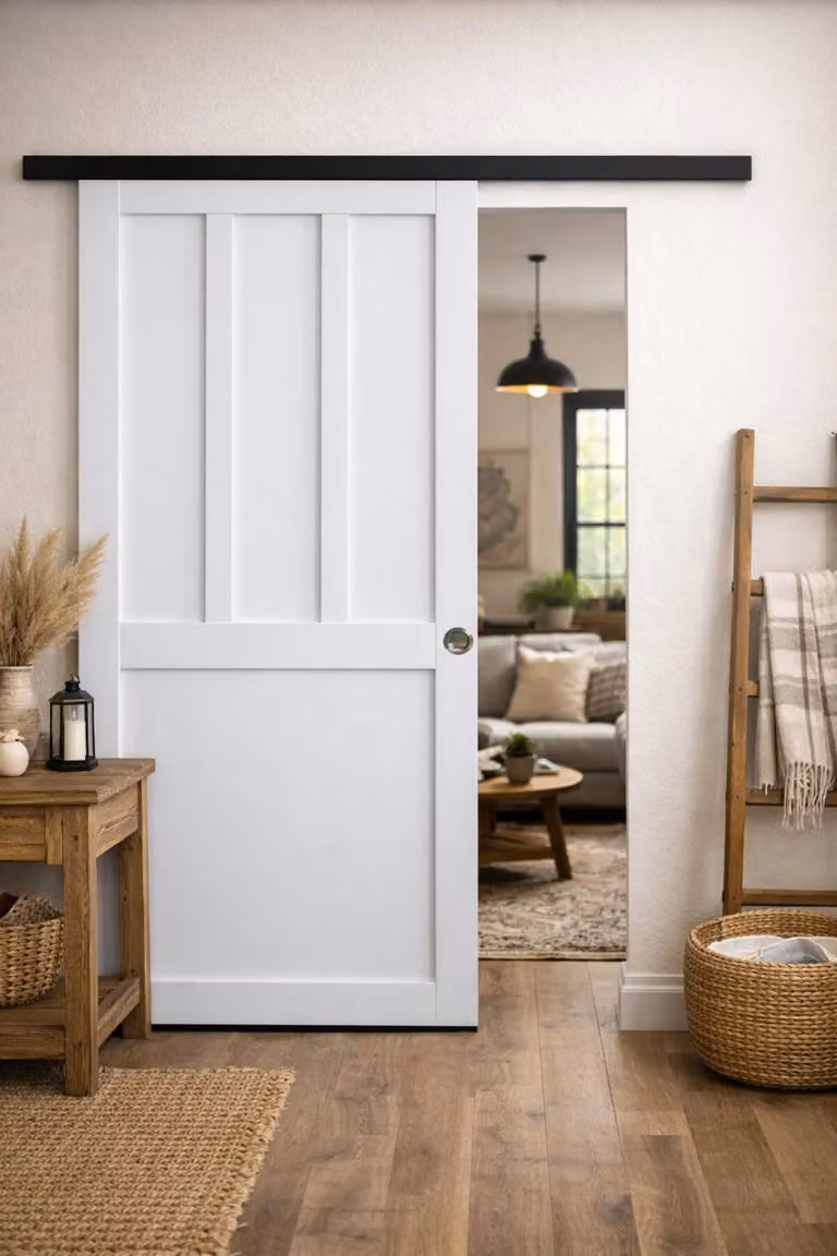 Porta scorrevole da officina con 2 pannelli bianchi H204 x L83 cm, binario in alluminio con fascia nera, conchiglie Gd Menuserie