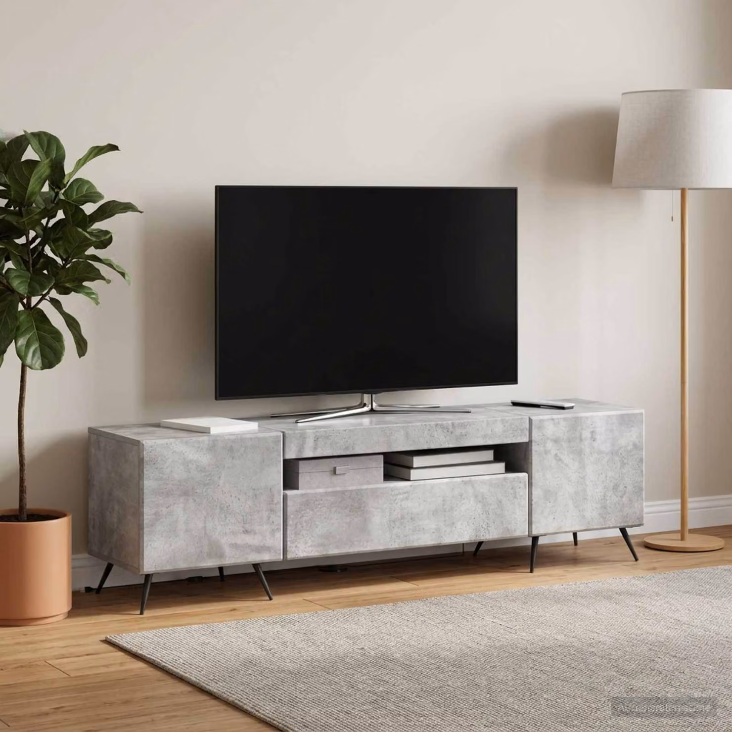 Mobile TV stand vidaXL moderno in grigio cemento e legno, con illuminazione integrata e scomparti multimediali, per schermi fino a 153 cm