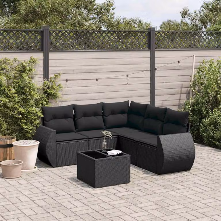 vidaXL Set Divano da Giardino a L 6 pz Nero con Cuscini e Tavolino in Polyrattan e Acciaio