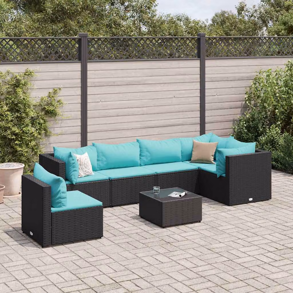 vidaXL Set Salotto da Giardino a L con Cuscini 7pz Nero e Blu in Polyrattan e Acciaio – 1