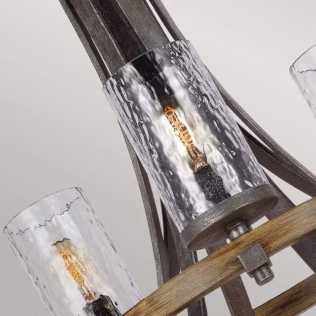 Lampadario Industrial Angelo FEISS in Metallo, Vetro e Legno Grigio con 9 Luci E27